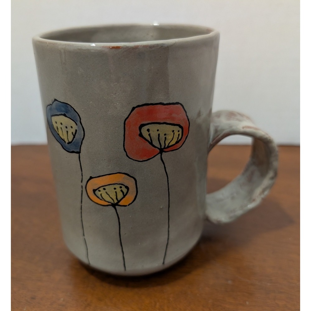 Stoneware Pottery Mug, "Penny" Stamped Inside,‎ Abstract Poppies, Hand Made